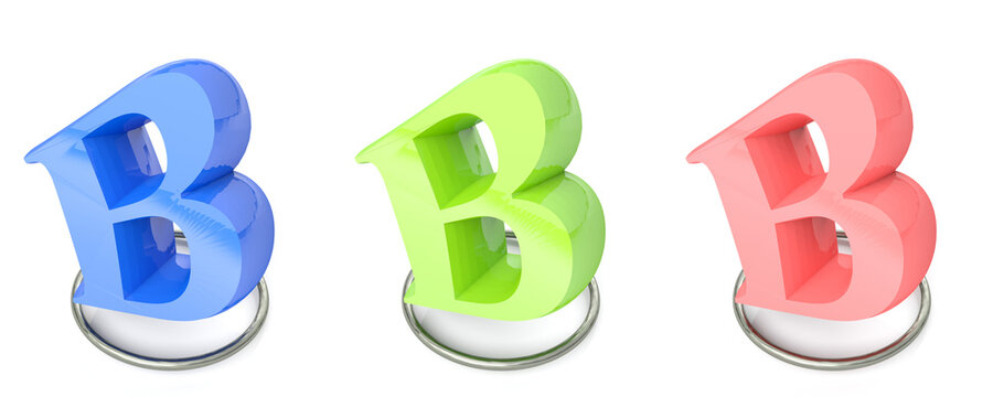 Icon set with B alphabetic letter in three different colors - 3D rendering illustration