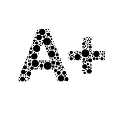 Poster - A large A plus symbol in the center made in pointillism style. The center symbol is filled with black circles of various sizes. Vector illustration on white background