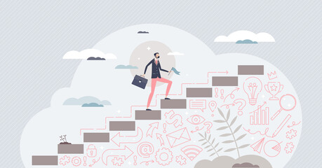 Wall Mural - Business success as leader climbing achievement steps tiny person concept. Company progress, development and performance growth with self aspiration, ambition and perseverance vector illustration.