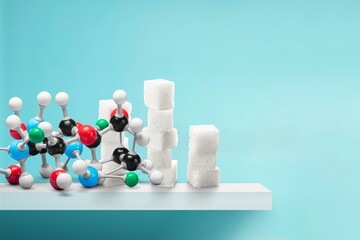 Wall Mural - Diabetes awareness and chemical structure concept with a plastic model molecule and sugar cubes.