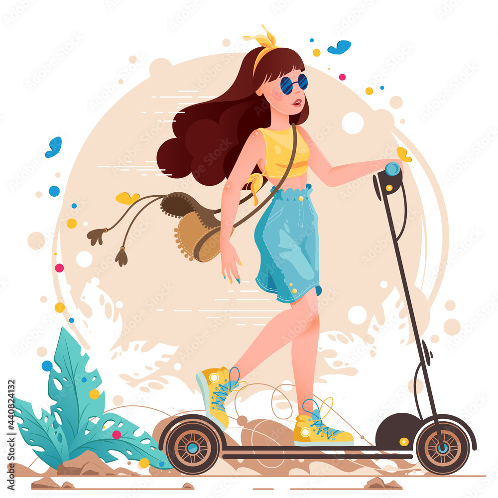 Kolorowa ilustracja, młoda dziewczyna jadąca na hulajnodze w letnim stroju. Lato w mieście. - obrazy, fototapety, plakaty 