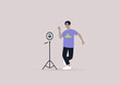 A young male Asian character recording a dancing challenge video with their mobile phone on a tripod, modern gen z lifestyle