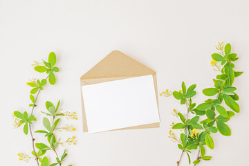 Wall Mural - mockup white wedding invitation and envelope with branches and green leaves on color background