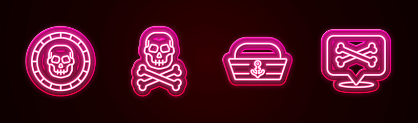 Canvas Print - Set line Pirate coin, Skull on crossbones, Sailor hat and Location pirate. Glowing neon icon. Vector