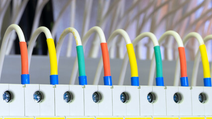 Poster - Color wires in a box of distribution of an electricity, PLC Control panel with wiring, lectric control panel enclosure for power and distribution electricity.