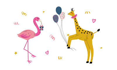 Wall Mural - Cute Animal with Gift Box and Balloons Celebrating Birthday Party Vector Set