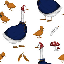 Seamless Pattern Of Mama/Mother Goose And Her Ducklings For Young Children