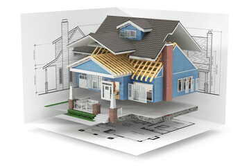 sliced house with furniture and blueprints on white background. 3d illustration