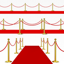 Red Carpet And Golden Barriers. Realistic Vector Set