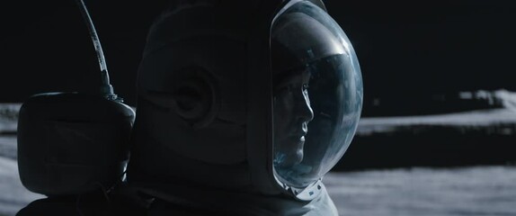 Wall Mural - cu portrait of asian lunar astronaut opens his visor while exploring moon surface. shot with 2x anam