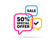 Discount banner shape tags. Special offer speech bubbles. Sale coupon price tag icon. Ribbon banner with 50 percent discount offer. Sale price sticker message. Promotion dialog balloon. Flyer vector