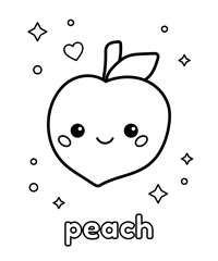 Wall Mural - Coloring page with hand drawn doodle peach for preschool children. Learn english vocabulary food names. Kawaii cartoon characters. Vector illustration.