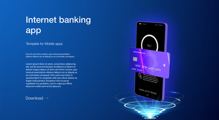 Poster - smart wallet concept with credit or debit card payment application on smartphone screen. internet ba