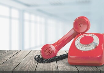 Poster - Old, red rotary dial retro telephone with receiver,