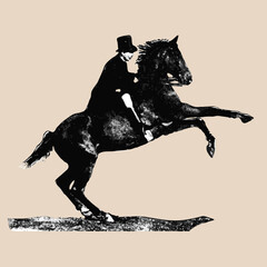 Wall Mural - isolated on a light background, a graphic monochrome  image of a gentleman riding a rearing horse.