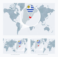 Wall Mural - Magnified Uruguay over Map of the World, 3 versions of the World Map with flag and map of Uruguay.
