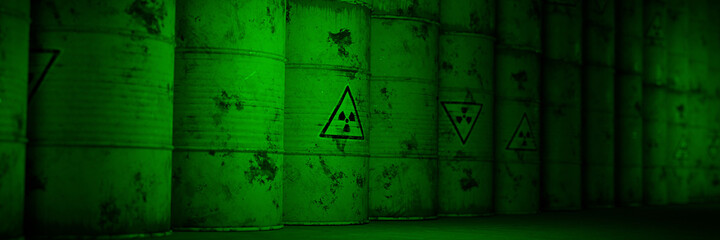 Wall Mural - radioactive waste in rusty barrels, background banner