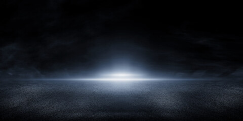 3d rendering abstract asphalt light in dark street and smoke on black background