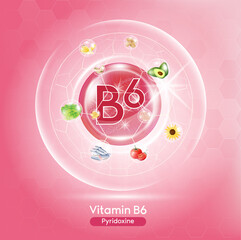 Pink vitamin B6 capsules, fruits and vegetables that nourish the eyesight, bones Neutralize free radicals. Health supplement female face anti-aging beauty cosmetics banner template. 3D vector EPS10