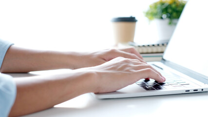 Wall Mural - laptop computer screen mockup, template background, man hand typing laptop computer with blank scree