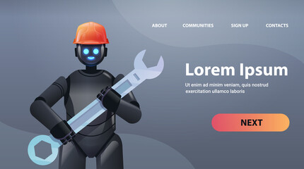 Poster - modern black robot in helmet holding wrench repair service artificial intelligence concept