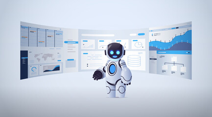 Poster - cute robot analyzing statistics financial data on virtual boards artificial intelligence technology 
