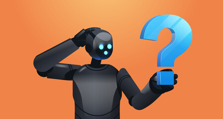 Poster - frustrated black robot cyborg holding question mark help support service faq problem artificial inte