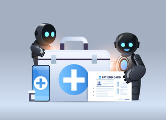 Poster - robotic doctors with first aid medical kit and patient card healthcare medicine artificial intelligence technology