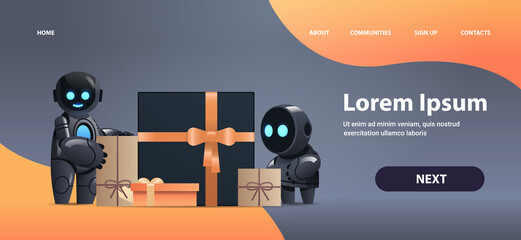 Poster - robots near wrapped gifts birthday or holiday celebration artificial intelligence technology concept