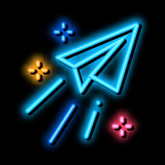 Poster - paper airplane message neon light sign vector. Glowing bright icon paper airplane message sign. transparent symbol illustration