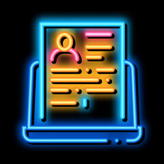 Poster - complete computer information about person neon light sign vector. Glowing bright icon complete computer information about person sign. transparent symbol illustration