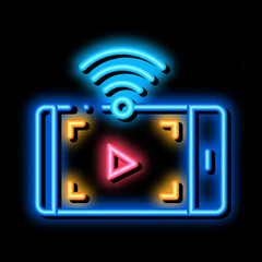 Poster - watching video with wifi neon light sign vector. Glowing bright icon watching video with wifi sign. transparent symbol illustration