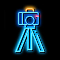 Poster - video camera with tripod neon light sign vector. Glowing bright icon video camera with tripod sign. transparent symbol illustration