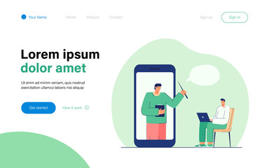 Wall Mural - young man studying online. flat vector illustration. tiny teacher in giant smartphone giving lesson 