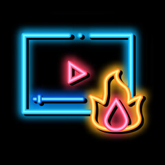 Wall Mural - fire video neon light sign vector. Glowing bright icon fire video sign. transparent symbol illustration