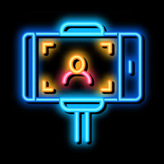 Poster - photo using selfie stick neon light sign vector. Glowing bright icon photo using selfie stick sign. transparent symbol illustration