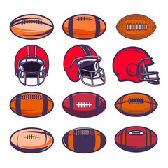 Sticker - Set of american football balls and helmets. Design element for poster, card, logo, label, sign. Vector illustration