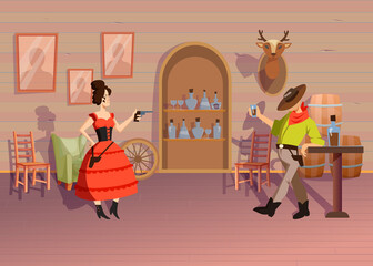 Woman and man in tavern. Cartoon vector illustration. Woman in dress aiming gun at man in hat drinking alcohol in interior of western tavern. Tavern, Wild West, conflict, shooting, America concept