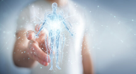 Leinwandbilder - Man using digital x-ray human body holographic scan projection 3D rendering