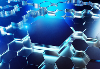 Glowing black and blue hexagons podium background pattern. Hexagonal metal surface with lights and reflections. 3D rendering