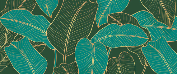 Abstract art Golden leaves background vector. Wallpaper design with line art texture from monstera leaves, Jungle leaves, exotic botanical floral pattern. Design for prints, banner, wall art.