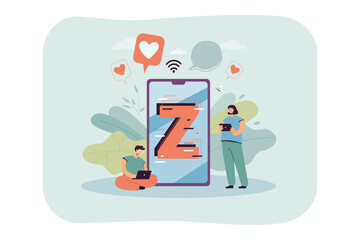 Poster - Young people with gadgets and huge phone. Letter Z on screen, boy with laptop, girl with tablet flat vector illustration. Generation Z, technology concept for banner, website design or landing page
