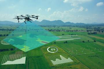 Smart farm, precision farming concept. Use drone for various fields like research analysis, terrain scan technology, monitoring soil hydration, yield problem, take photo and send data to the cloud