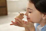 Fototapeta  - Little girl holding cute hamster at home, closeup