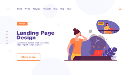 Poster - Woman calling service and talking about broken laptop. Computer, problem, table flat vector illustration. Repair and maintenance concept for banner, website design or landing web page
