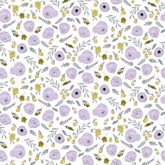 Poster - Floral vector seamless pattern with  flowers and leaves. Beautiful hand drawn flowers in  light pastel colors in vintage style.