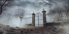 3D Rendering, Illustration Of An Old Cemetry Fence On A Foggy Day