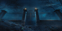 3D Rendering, Illustration Of An Old Cemetry Fence On A Foggy Night