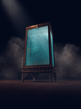 Locked Water Tank Used For Tricks By Magicians And Illusionists In A Dark Wooden Background. 3D Rendering, Illustration
