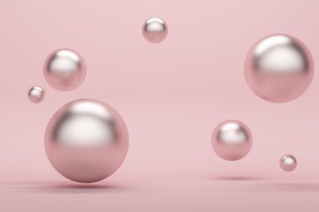 Poster - Abstract pink background with metallic flying spheres. 3d rendering